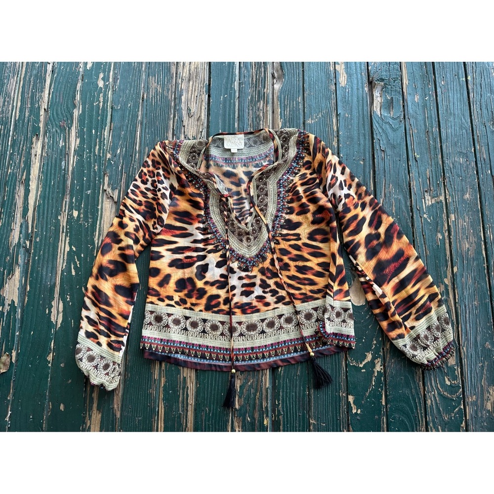 Asa Kaftans Leopard Print Beaded Silk Blouse Boho Tassel Tie Top Small